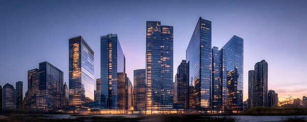 Obraz premium Magnificent city skyline with illuminated buildings during twilight hours