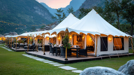 Luxury camping glamping tent experience. Elegant tents set in a scenic mountain landscape at dusk.