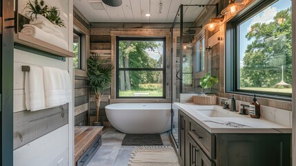 Luxury bathroom in a tiny home with a marble countertop, freestanding tub, and efficient use of space 