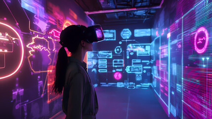A woman is standing in front of a large screen with a virtual reality headset on