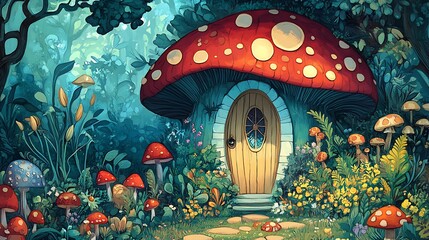 Obraz premium Enchanted Mushroom House Digital Painting: A Whimsical Forest Scene AI Generated
