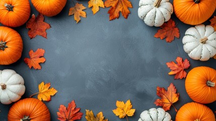 Autumn background with pumpkins and fall leaves on gray background. Thanksgiving and Halloween concept.