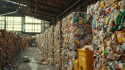 Fototapeta premium Waste Management Facility with Compressed Bales of Recycled Paper and Cardboard in an Industrial Setting Under Natural Light