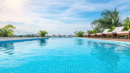 Fototapeta premium Swimming pool with blue water and sunbeds. Concept of summer vacation, holiday, and travel.