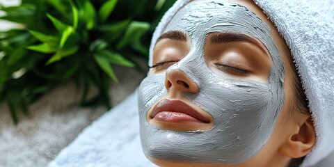 Fototapeta premium Woman Relaxing with Facial Mask in Spa, Natural Beauty Treatment for Skin Care and Rejuvenation Among Green Plants and Soft Towels