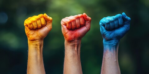 Vibrant Colorful Fists Raised Together Symbolizing Unity, Strength, and Empowerment Against a Blurred Natural Background of Greenery