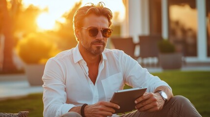 Handsome Man Relaxing Outdoors with Tablet during Golden Hour Wrapped in Warm Sunset Glow in a Modern Outdoor Setting