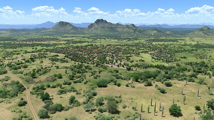 Fototapeta premium Aerial view of rural African village nestled in savanna, mountains in background, ideal for travel brochures