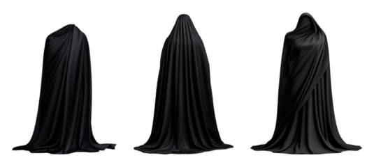 Mysterious ghostly figures draped in black fabric isolated on white background