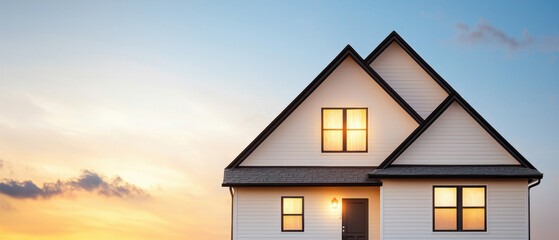 A modern house with a triangular roof illuminated by sunset, showcasing a warm and inviting atmosphere against a clear sky.