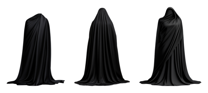 Mysterious ghostly figures draped in black fabric isolated on white background