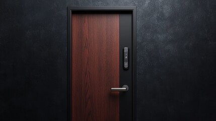 Modern wooden door with a digital lock on a dark wall. Concept of security, technology, and design.