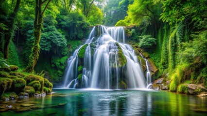 Obraz premium Waterfall cascading gracefully in the midst of a lush forest , cascade, waterfall, cascade, waterfall, plants, foliage