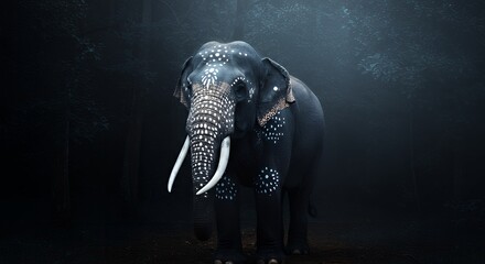 Painted Elephant Standing Calmly in Dark Forest with Mystical Atmosphere