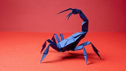 Fototapeta premium an artistic representation of a blue origami scorpion against a vivid red background