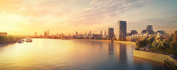Naklejka premium Cityscape view over a river during sunset with vibrant colors