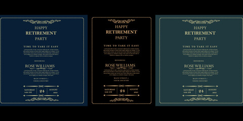 Set of retirement party invitation, square banner, instagram story and a4 poster, vector illustration Retirement Flyer Design Template. Retirement Party Invitation Layout, square banner, and a4 poster