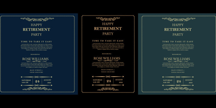Set of retirement party invitation, square banner, instagram story and a4 poster, vector illustration Retirement Flyer Design Template. Retirement Party Invitation Layout, square banner, and a4 poster