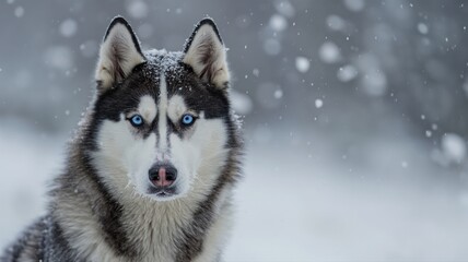 Obraz premium Husky standing in the snowy mountains