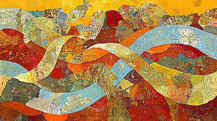 Abstract Mountain Landscape Collage, Autumn Colors, Artistic Wall Art, Decorative Print