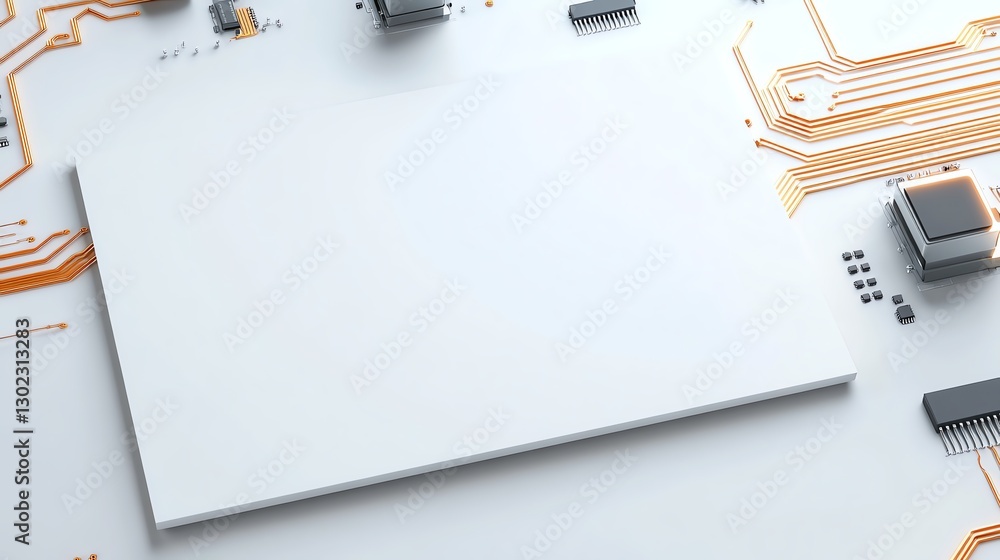 Poster abstract close-up of a white circuit board with orange pathways and various components.