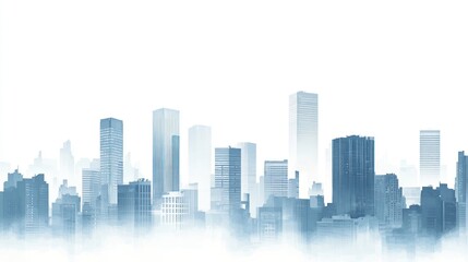 Fototapeta premium Foggy city skyline, urban landscape, skyscrapers, misty morning, website header