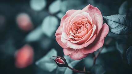 A beautiful pink rose with lush green leaves creating a vibrant and elegant floral presentation