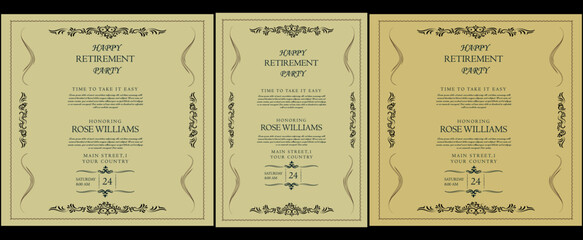 Set of retirement party invitation, square banner, instagram story and a4 poster, vector illustration Retirement Flyer Design Template. Retirement Party Invitation Layout, square banner, and a4 poster