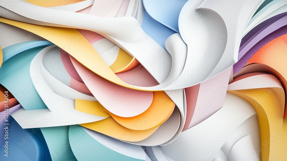 Poster abstract colorful paper layers creating a modern, flowing design with soft pastel tones.