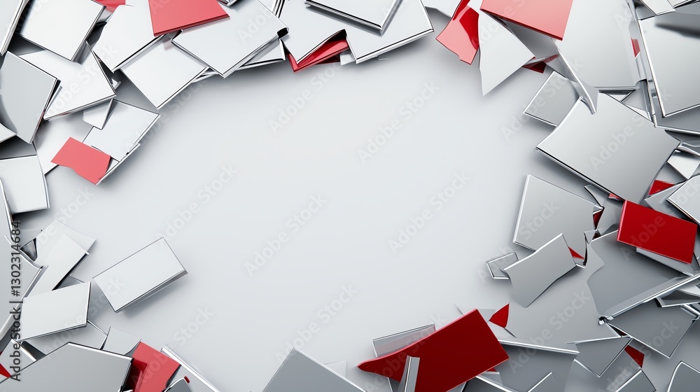 Poster abstract composition of scattered metallic and red tiles with a central blank space.