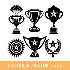 Set of winning award and prize icons, trophy reward, victory trophy signs depicting an award, victory cup achievement, winner meda