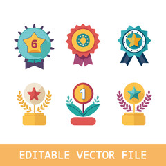 Medal vector icon set. Symbol of approval, certified, qualified, the best, check mark and number one. Vector sign set of badge, rosette and emblem