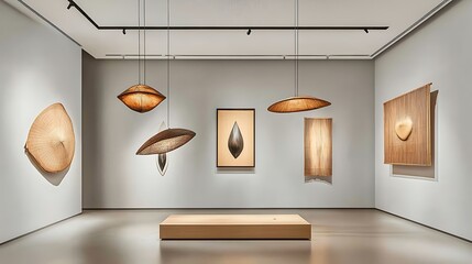 Modern Wood Sculptures and Wall Hangings in a Gallery Setting AI Generated