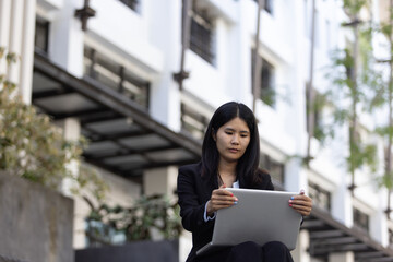 Future remote work combines technology smart phone digital business woman enable e-learning...