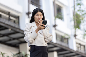 Future remote work combines technology smart phone connection online white digital business woman...