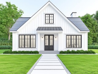 Fototapeta premium Modern white house with large windows and landscaped yard on a sunny day