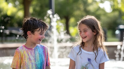 Joyful Children Playing Near Fountain in Summer Park Setting