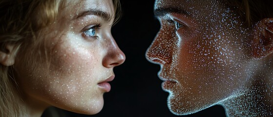 Two profiles side by side, one real human face with concern, AIgenerated face with code and digital patterns, highlighting the risks and dangers of AI technology  ar 169