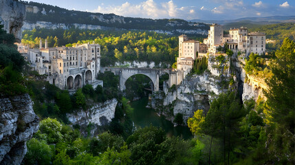Fototapeta premium Medieval village bridge canyon sunset landscape travel photography