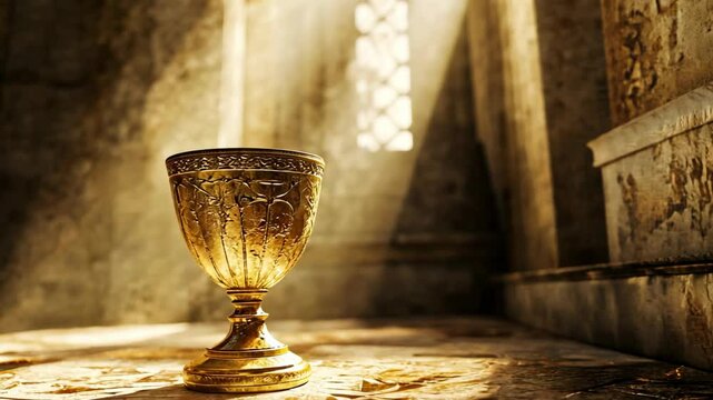  close up ancient holy grail with smoke drifting out at ancient temple