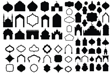 Islamic window shapes in oriental style. Set of black silhouette eid mubarak decorative arches, moroccan gates or mosque borders. Arabic muslim architecture frames, ramadan  elements