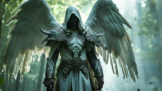archangel in white plate armor standing at enchanted forest 