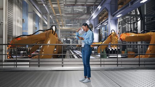 Full Body Side View Of Asian Female With Her Phone With Industrial Robotic Arms Working, She Is Nodding Her Shead With Dissapionted