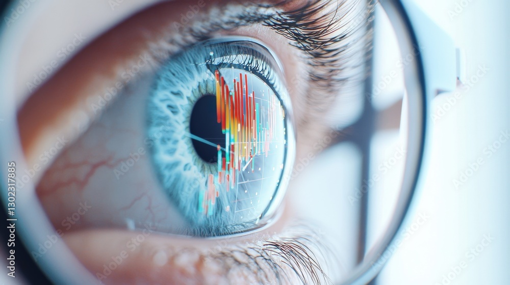 Poster a close-up of a human eye reflecting data streams and complex graphs, critical thinking skills
