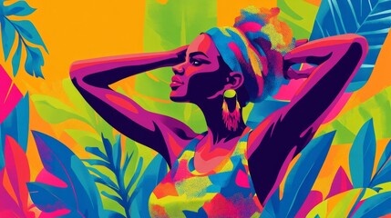 A powerful woman proudly showing her muscles, vibrant and colorful illustration, celebrating International Women's Day, bold and dynamic style 