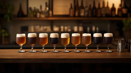 Tasting session featuring a diverse selection of craft beers at a dimly lit bar