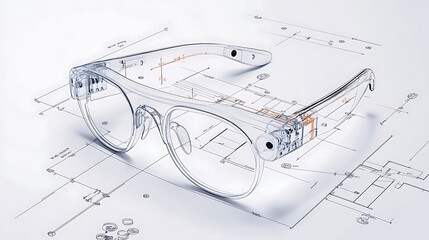 Smart Glasses Design: A Detailed 3D Render on Architectural Blueprints AI Generated