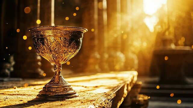  close up ancient holy grail with smoke drifting out at ancient temple