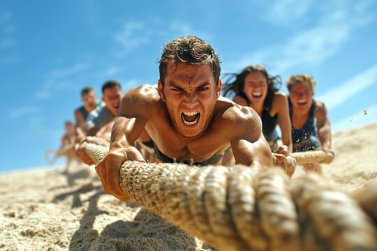 Exciting beach event featuring men and women competing in a high-energy tug-of-war battle on the sand