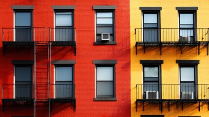 Fototapeta premium Red and yellow brick buildings with windows and fire escapes in New York City.